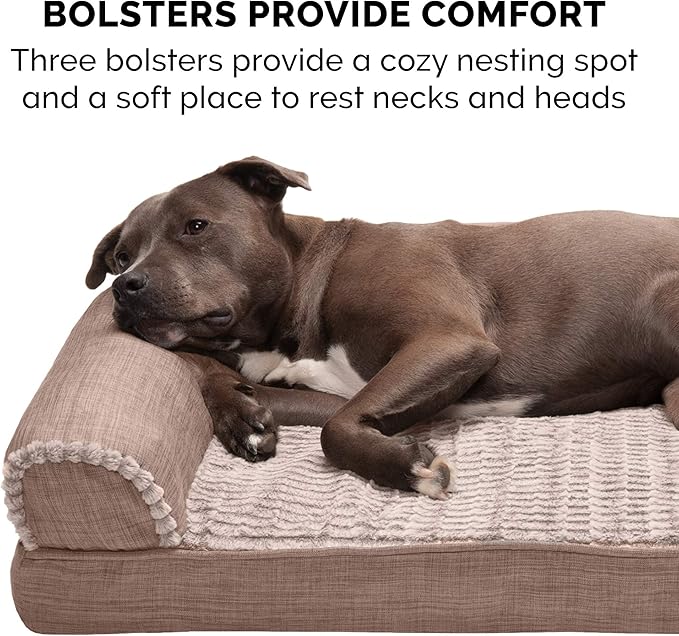 Furhaven Cooling Gel Dog Bed for Large/Medium Dogs w/ Removable Bolsters & Washable Cover, For Dogs Up to 55 lbs - Luxe Faux Fur & Performance Linen Sofa - Woodsmoke, Large-PawvioPets
