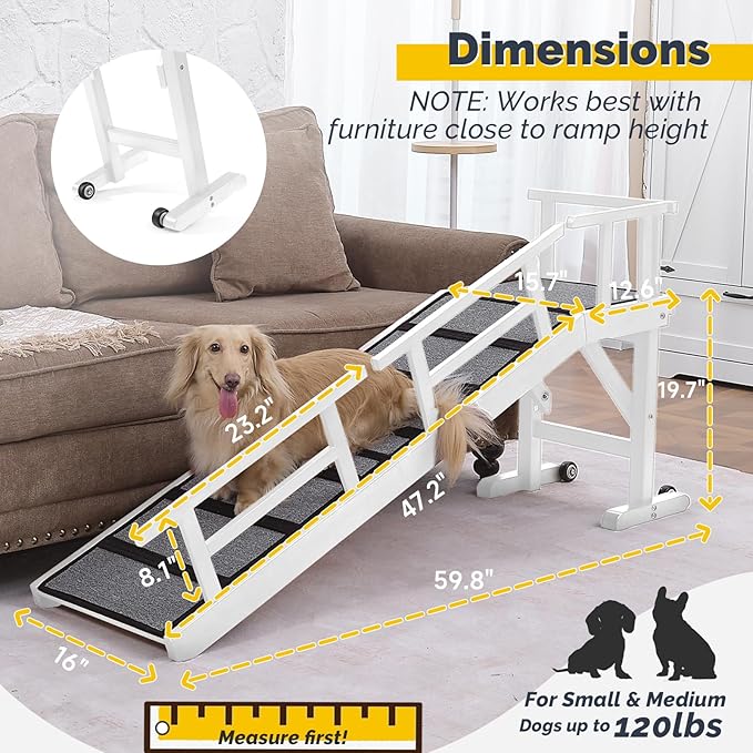 Dog Ramp for Bed or Couch, Wooden Pet Ramp with 20° Gentle Slope, Removable Side Rails, Non-Slip Surface, Top Platform & Wheels, Safe Bed Ramp for Small, Medium & Senior Dogs, 60" Long, White-PawvioPets