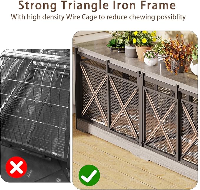 COZPAW 78 Inch Double Dog Crate Furniture, Extra Large Dog Kennel Indoor for Medium Large 2 Dogs, Heavy Duty Dog Cage Chew-Resistant Steel and Wooden Pet House with Removable Divider (Grey)-PawvioPets