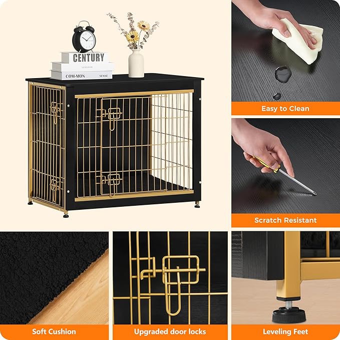 DWANTON Dog Crate Furniture with Cushion, Wooden Kennel Table with Double Doors, Indoor Dog House, Medium Size, 32.5" L, Black+Gold-PawvioPets