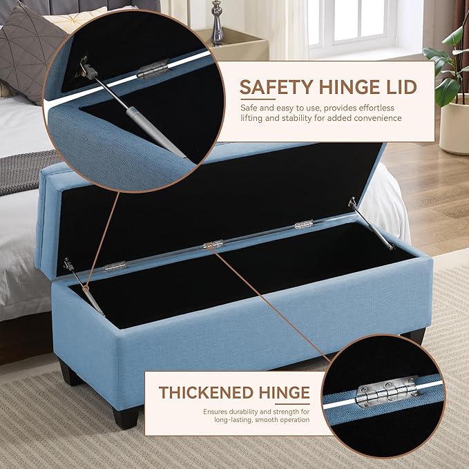 51" Fabric Storage Ottoman Bench, Upholstered Rectangle End of Bed Storage Ottoman Tufted Living Room Bedroom Bench with Safety Hinge, Solid Wood Legs, Loads 500 lb(Light Blue)-PawvioPets