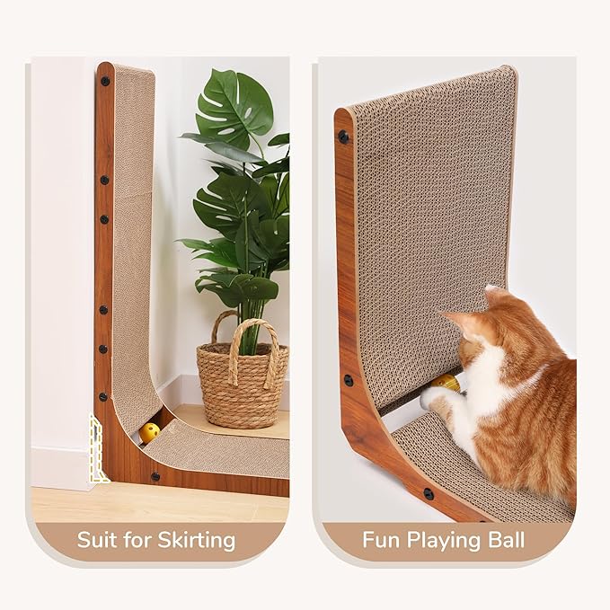 FUKUMARU Cat Scratcher, 26.8 Inch Cat Scratch Pad for Indoor Cats, L Shaped Cardboard Vertical Cats Scratching Board with Ball Toy, Walnut Color, 1 Pack-PawvioPets