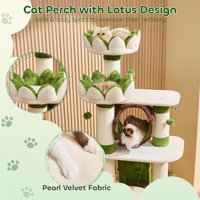 73‘’ Tall Flower Cat Tree for Indoor Cats Large Adult, Luxury Cat Tower with Scratching Post, Heavy Duty Modern Cat Furniture for Large Cats, Removable Mats, Multi-Level Cat House with Toy Ball-PawvioPets
