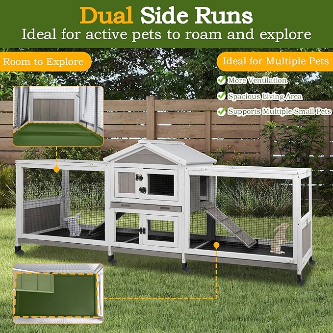 Double Rabbit Hutch Outdoor Indoor Large Bunny Cage with Dual Side Runs, 2-Story Wooden Hutch with 4 Leak Proof Trays, 8 Wheels, Waterproof Roof, Ramp, for Small to Medium Animals-PawvioPets