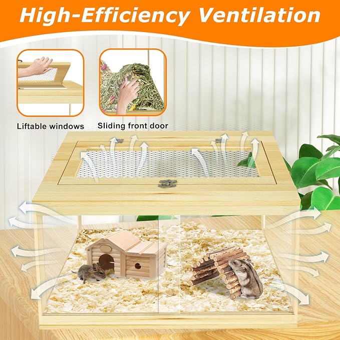 24" Hamster Cage, Lockable Sliding Door Gerbil Cage, Dwarf Hamster Cage with Metal Mesh Roof, Mice and Small Animal Habitat, Chewproof Syrian Hamster Enclosure, (Wooden, 24" L x 16" W x 16" H)-PawvioPets