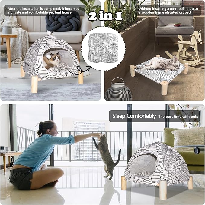 2-in-1 Elevated Cat Tent Cat House, Quick Assembly and Disassembly, Portable Indoor/Outdoor Cute Cat Bed Cave-White Diamond Pattern-PawvioPets