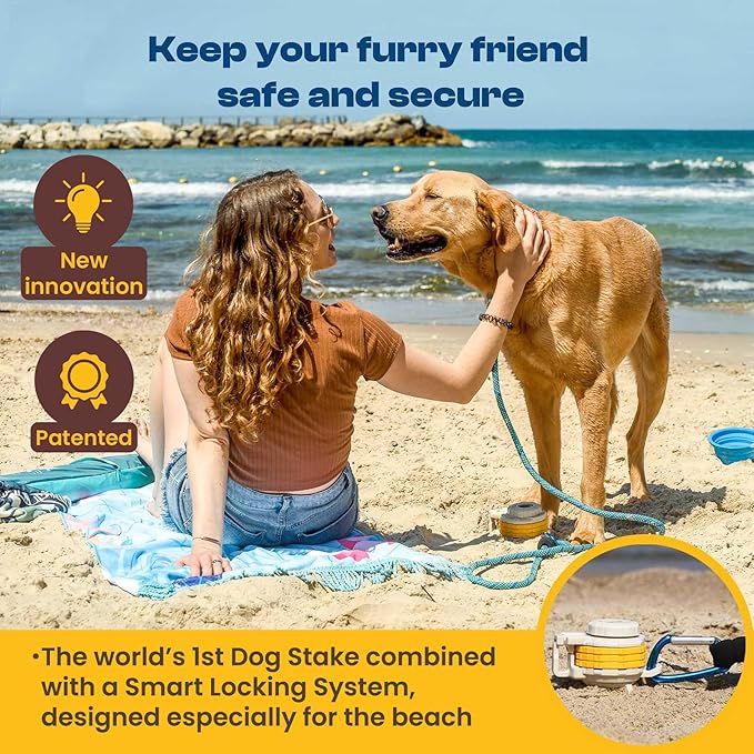Diggo Dog Stake Beach Anchor - Dog Beach Essentials for All Dog Sizes - Unique 360° Head Rotating Combination Beach Lock System, Heavy Duty Tie Out Stake, Umbrella Sand Anchor, Designed for The Beach-PawvioPets