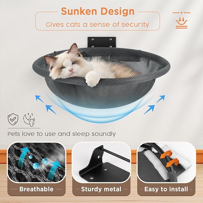 Cat Hammock Wall Mounted, Foldable & Stable Cat Beds- Breathable Cat Wall Shelves for Sleeping, Playing, Climbing, and Lounging - Maximum Hold Up to 30lb (Gray)-PawvioPets