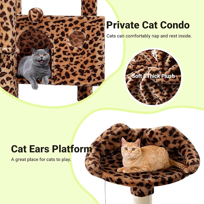 Allewie 64 Inches Cat Tree Tower/Multi-Level Activity Center for Indoor Big Felines/2 Plush Condos/2 Perchs/Basket/House/Sisal Scratching Posts/Hanging Cat Toys/Leopard Print-PawvioPets