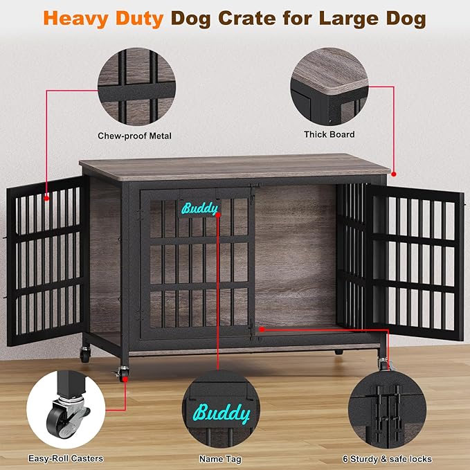 EasyCom 48"/42"/33" XXL Dog Crate Furniture with Casters, Heavy Duty Dog Kennel Indoor for Large Dogs, Escape-Proof and Chew-Proof Dog Cage for high Anxiety Dog, Decorate House as TV Stand, End Table-PawvioPets