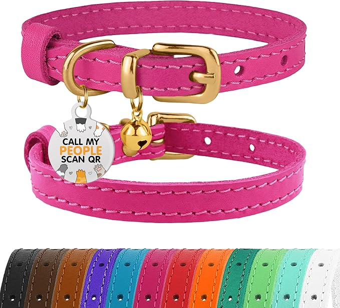 BRONZEDOG Leather Cat Collar with Removable Bells Non Breakaway Kitten QR Tag for Girl Boy (7" - 9" for Cats, Pink & Gold)-PawvioPets