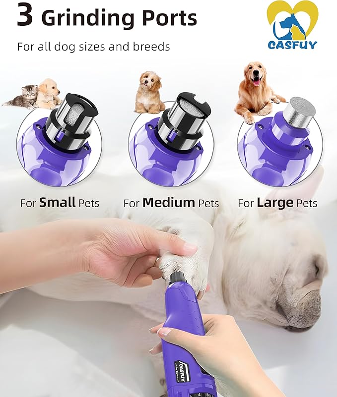 Casfuy Dog Nail Grinder Quiet - (45db) 6-Speed Pet Nail Grinder with 2 LED Lights for Large Medium Small Puppy Dogs/Cats, Professional 3 Ports Rechargeable Electric Dog Nail Trimmer with Dust Cap-PawvioPets