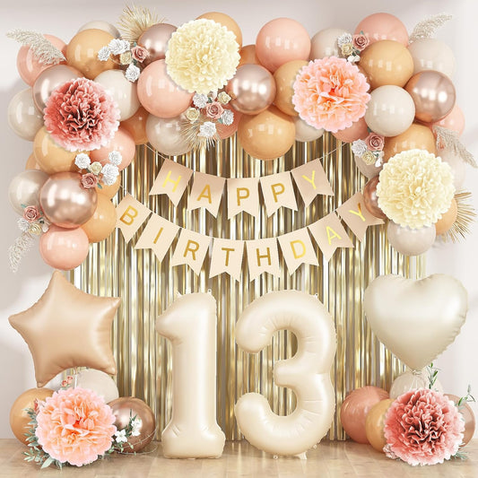 Beige 13th Birthday Decorations Girls Boys Cream Number 13 Balloon Nude Gold Happy Birthday Banner Fringe Curtain Paper Pom Poms Blush White Sand Champagne Star Foil Balloons Neutral Boho Party Decor