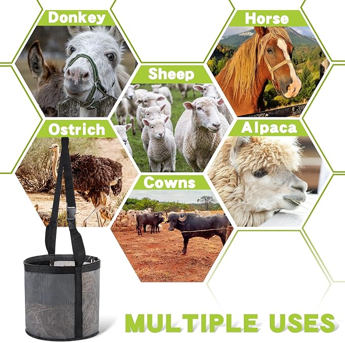 2 Pcs Horses Feed Horse Bag for Grain Hay Bags Heavy Duty Mesh Horse Feeder with Adjustable Strap Comfort Neck Pad Nose Pad and Waterproof Bottom Muzzle(Gray)-PawvioPets