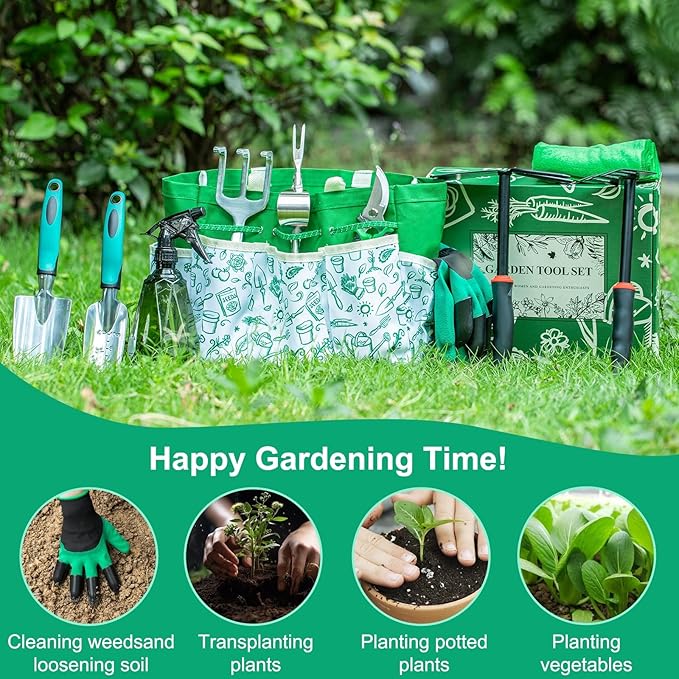 Garden Tool Set for Women, 12pcs Heavy Duty Gardening Tools, Cute Gardening Supplies Gifts for Women Mom, Garden Hand Tools with Fashion Organizer Handbag, Garden Tools for Gardening, Planting, Green-PawvioPets