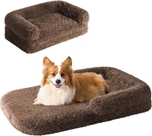 EHEYCIGA Foldable XL Dog Bed, Faux Fur Fluffy Pet Couch Bed for Large Dogs, Orthopedic Calming Memory Foam Big Pet Bed, Washable Soft Pet Sofa Bed with Non-Slip Bottom, Brown, 46"x34"x6.5"-PawvioPets