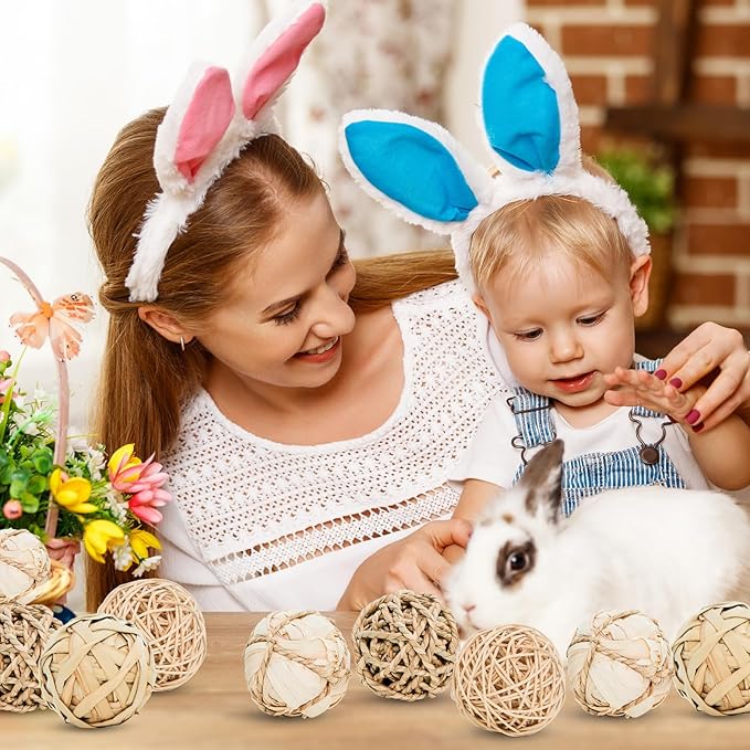 8 Pack Small Pet Chew Toys - 7cm Natural Woven Balls for Rabbits, Guinea Pigs, Hamsters (2 Seagrass, 2 Rattan, 2 Corn Husk, 2 Seaweed Rope) - Safe Dental Grinding Toys-PawvioPets