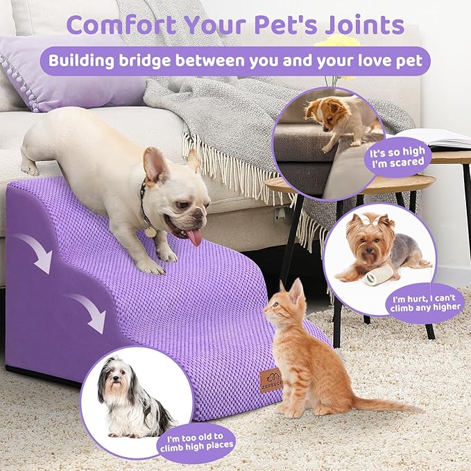 Dog Ramp and Stair for Bed 16" H-20 H,3-Step Cat Stair for Sofa and Chair,4-Step Dog Ramp for High Bed and Window,Durable Nonslip Fabric Stair for Indoor (Purple-16 H, Pet Friendly, 3)-PawvioPets
