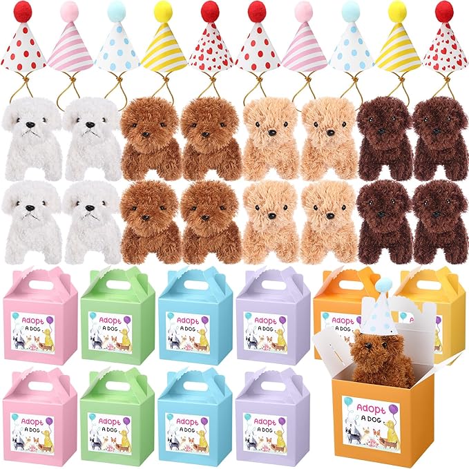 20 Pcs Mini Plush Dog Bulk 4 Inch Small Stuffed Puppy Set Include 20 Adopt a Pet Kraft Paper Boxes and 20 Cute Cone Hats Soft Dog Animals for Kids Birthday Adopt a Puppy Favor Gifts-PawvioPets