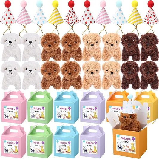 20 Pcs Mini Plush Dog Bulk 4 Inch Small Stuffed Puppy Set Include 20 Adopt a Pet Kraft Paper Boxes and 20 Cute Cone Hats Soft Dog Animals for Kids Birthday Adopt a Puppy Favor Gifts-PawvioPets