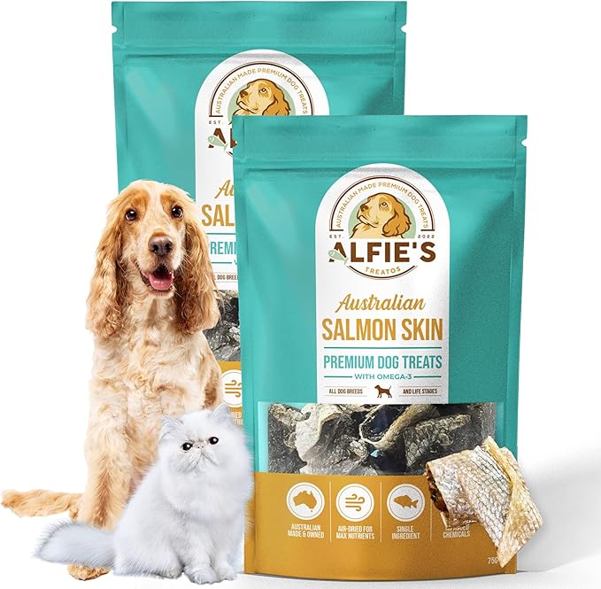 ALFIE'S TREATOS Salmon Skin Treats for Dogs & Cats (5.3 oz, 2x2.65 oz), Value Bundle, Air-Dried Fish Skin Dog Treats, Omega-3 Food Topper & Training, Single Ingredient, Freeze-Dried Alternative-PawvioPets