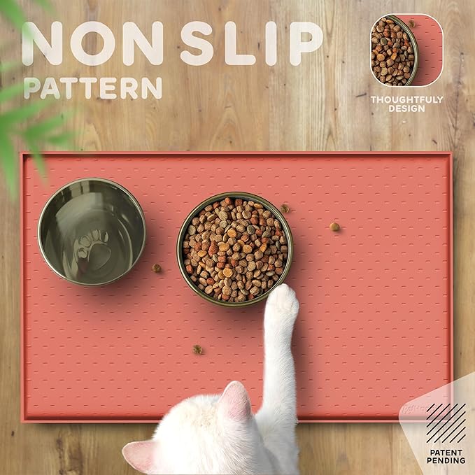Dog Food Mat - 28x18 Raised Edges Dogs Mat for Food and Water Prevent Spill, Waterproof Cat Food Mats Protect Floors, Easy Clean Dog Bowl Mats for Food and Water, Silicone Pet Feeding Placemats-PawvioPets