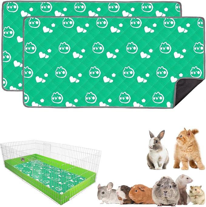 2 Pack Guinea Pig Bedding - Washable Guinea Pig Liner for Midwest Cage, Waterproof Reusable & Anti Slip Pee Pads Super Absorbent Mats for Small Animals Rabbit Hamster Rat (Green, 48 x 24 Inch)-PawvioPets