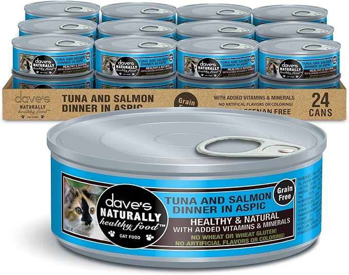 Dave's Pet Food Grain Free Wet Cat Food (Tuna & Salmon Dinner in Aspic), Naturally Healthy Canned, Added Vitamins & Minerals, 5.5 oz Cans (24 Pack-PawvioPets