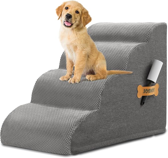 Dog Stairs, Romrol Dog Steps Ramp for High Bed and Couch, Dogs Ramp with Durable Non-Slip Waterproof Fabric Cover, Pet Stairs for Small Dogs and Cats or Pets Joints, 4-Tiers,Grey-PawvioPets