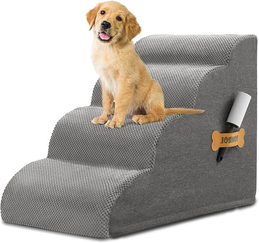 Dog Stairs, Romrol Dog Steps Ramp for High Bed and Couch, Dogs Ramp with Durable Non-Slip Waterproof Fabric Cover, Pet Stairs for Small Dogs and Cats or Pets Joints, 4-Tiers,Grey-PawvioPets