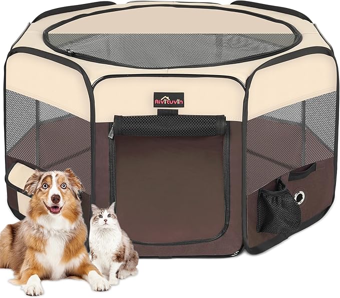 Aivituvin Dog Playpen Foldable Waterproof Pet Play Pens for Cat, Puppies, Rabbits, Chickens, Durable Portable Pet Tent for Travel Camping Indoor/Outdoor Brown XL-PawvioPets