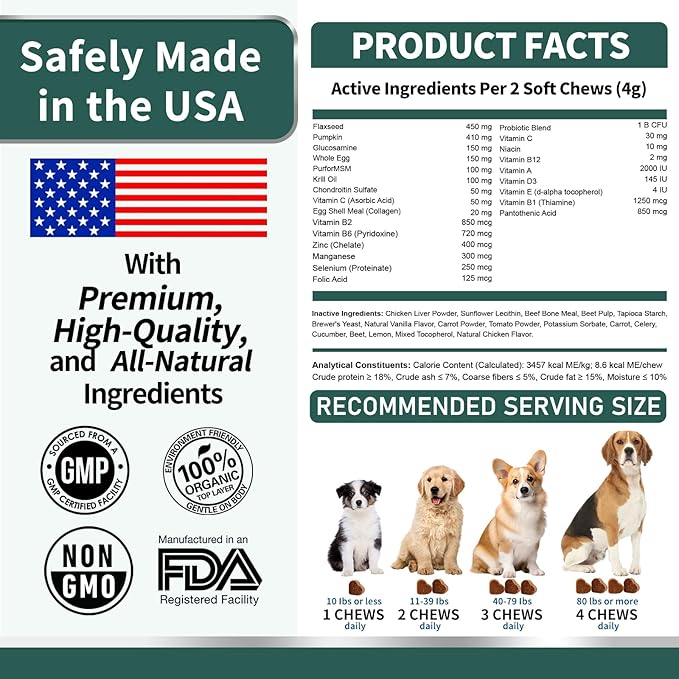 Dog Multivitamin, Glucosamine Chondroitin for Dogs, Dog Vitamins and Supplements, Probiotics, Krill Oil for Hip & Joints, Skin, Coat, Immune Health, Heart, Digestion (120 Chews, Chicken)-PawvioPets