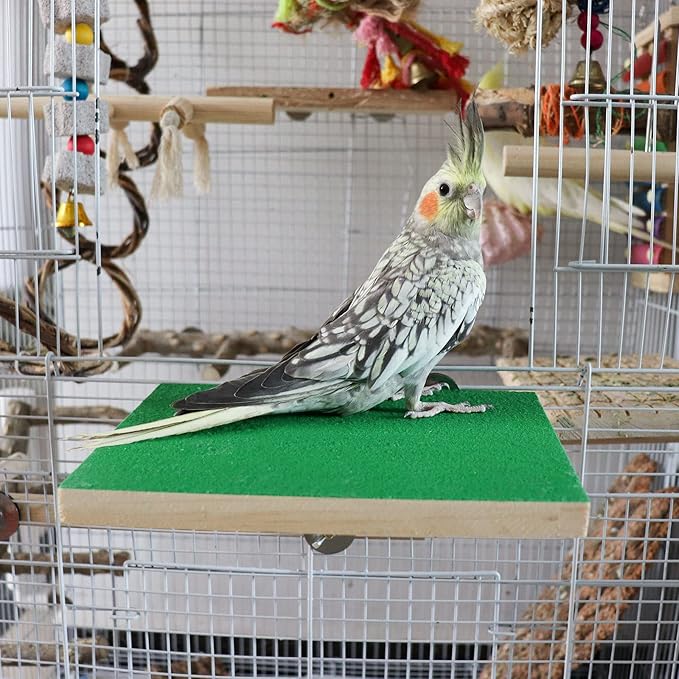 7.9×5.9 Inches Large Bird Perch Stand Platform, Natural Wooden Bird Cage Accessories, Bird Stand Perch with Rough Quartz Sand Surface for Parrot, Parakeet, Budgies, Cockatiel, Rats-PawvioPets