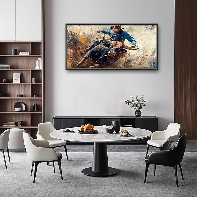 Framed Large Western Cowboy Wall Art, Oversized Rustic Cow Wall Decor for Living Room, Dusty Canvas Painting Pictures Vintage Artwork Home Decoration for Living Room Bedroom Office 60"x30"-PawvioPets