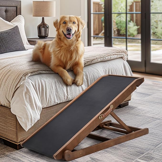 Dog Ramp, Adjustable Height Wooden Folding Pet Ramp for Bed, Couch,SUV-High Traction, Portable Paw Ramps for Small & Large Old Dogs & Cats - Furniture Quality-PawvioPets