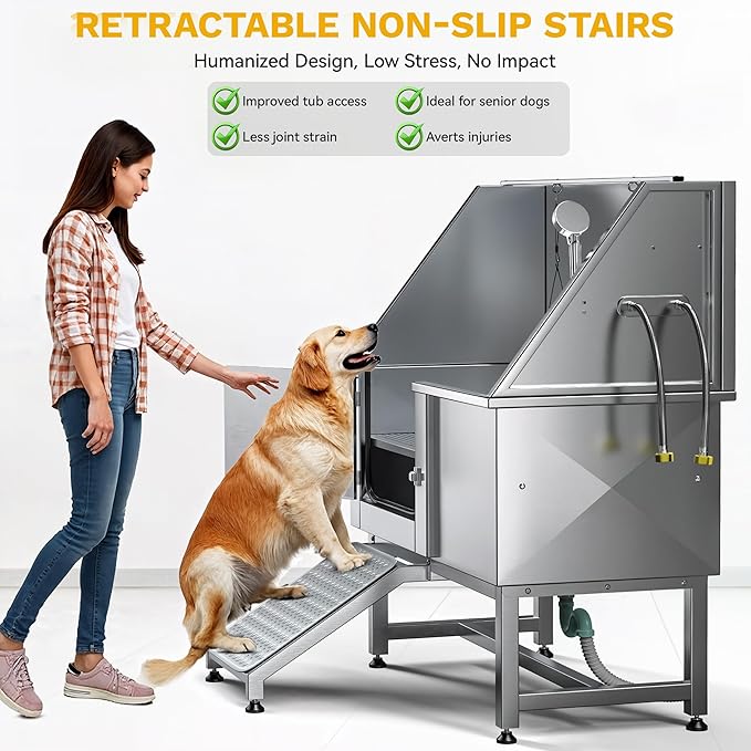 DWVO Professional Pet Dog Bathing Station for Grooming, 50'' Dog Grooming Bathtub with Left Ramp, Floor Grate, Faucet, Showerhead & Soap Holder for Large, Medium & Small Pets-PawvioPets