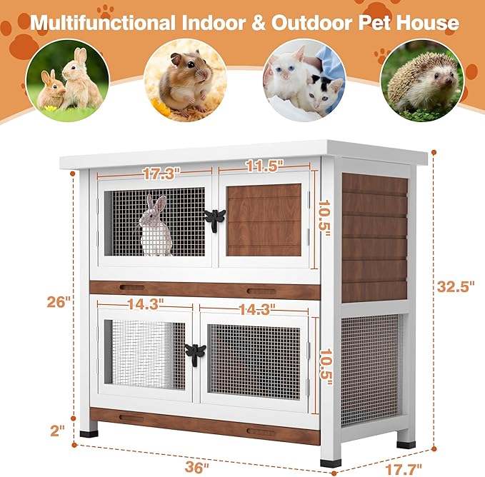 2 Story Rabbit Hutch, Indoor Outdoor Bunny Hutch Solid Wood Rabbit Cage with Removable Trays, Waterproof Asphalt Roofs and Ventilation Door, Small Animal House for Rabbit Guinea Pig Ferret, Walnut-PawvioPets
