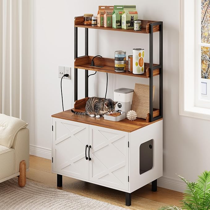 55 Inches Cat Litter Box Enclosure, Hidden Litter Box Furniture with 2 Storage Shelves and Charging Sockets, Wooden Cat House, Large Indoor Cabinet for Living Room & Entryway, White-PawvioPets