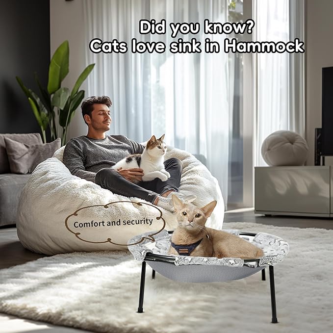 Elevated Cat Bed, Glow-in-The-Dark Fabric Cat Hammock Bed for Large Indoor Cats, Machine Washable & Breathable Cover, Tool Free Easy Assembly, up to 66Lbs (Gray, L)-PawvioPets