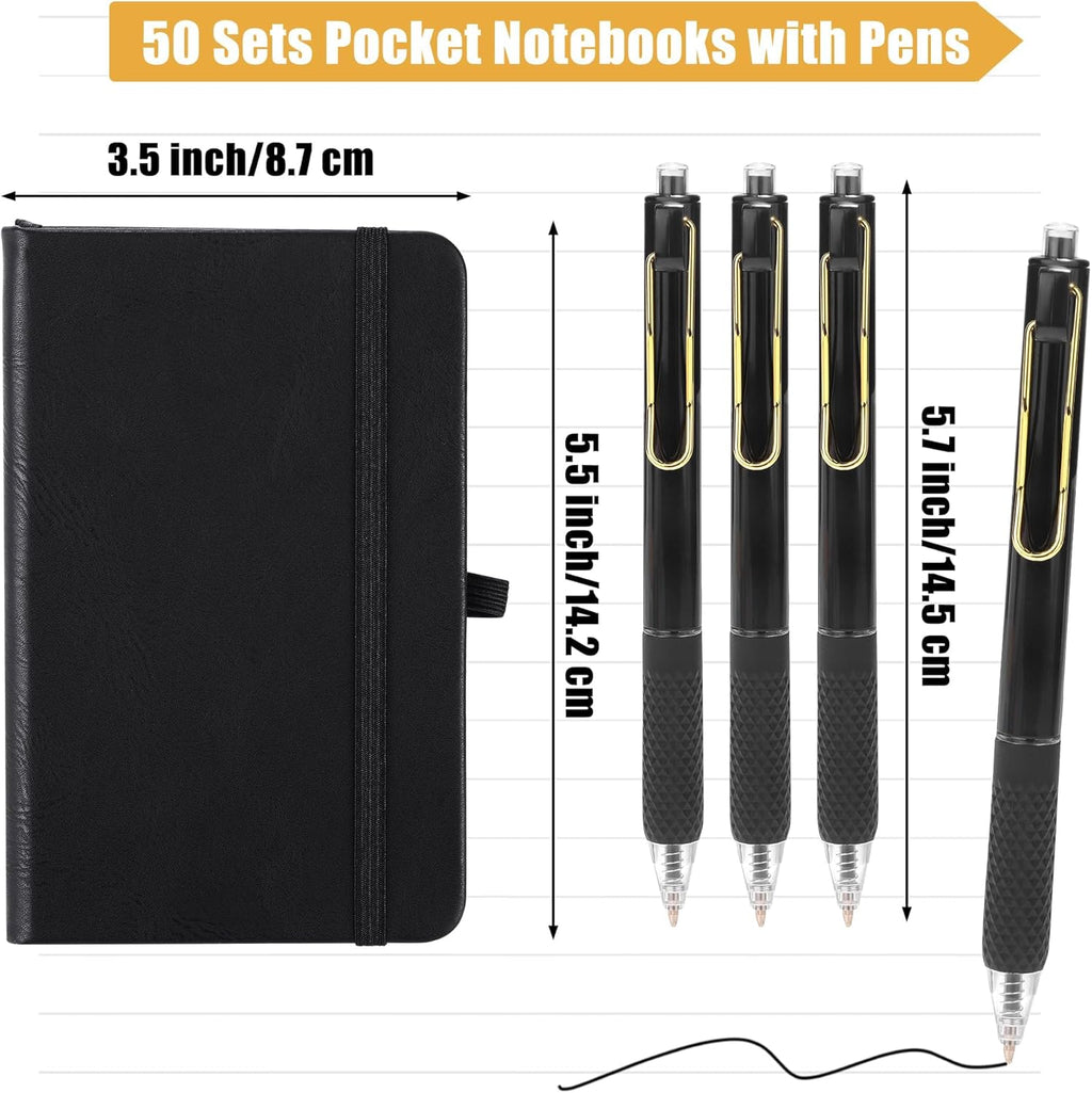 Aodaer 50 Sets Pocket Notebook Journal with Pens, 160 Pages, 3.5 x 5.5 Inch Mini Lined Journal Notebook A6 Leather Hardcover College Ruled Notepad with Pen Holder for School Office Gifts, Black