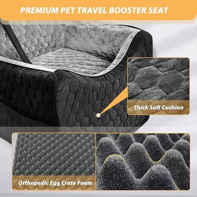 Dog Car Seat for Small/Medium Dogs, Memory Foam Dog Booster Seat, Travel Safety Per Car Seat with Washable Removable Cover, Storage Pockets, up to 35 lbs(BlackGray)-PawvioPets