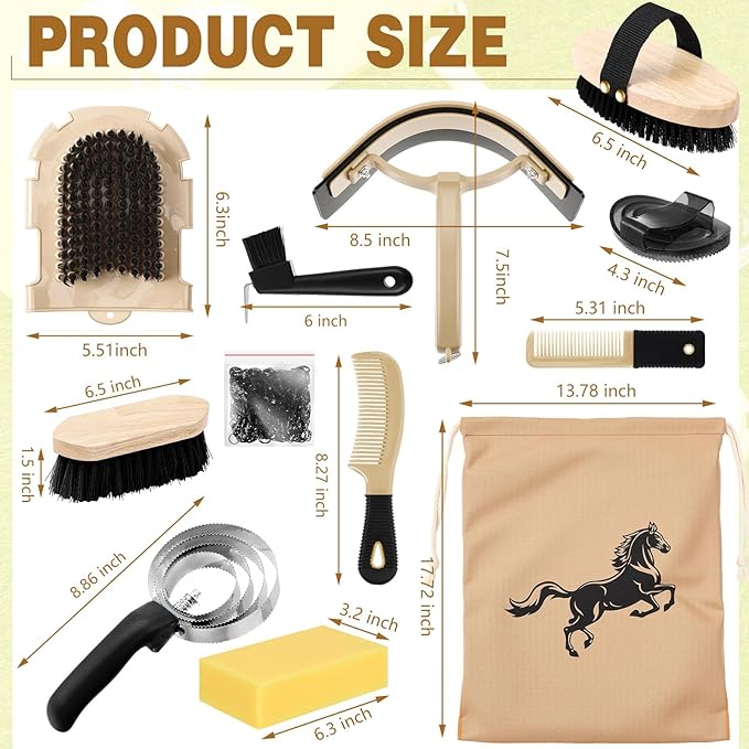Abbylike 12 Pieces Horse Grooming Kit Racing Festival Tack Room Supplies Horse Brush Sets Equine Care Cleaning Kit Shedding Grooming Massaging Tools(Black)-PawvioPets