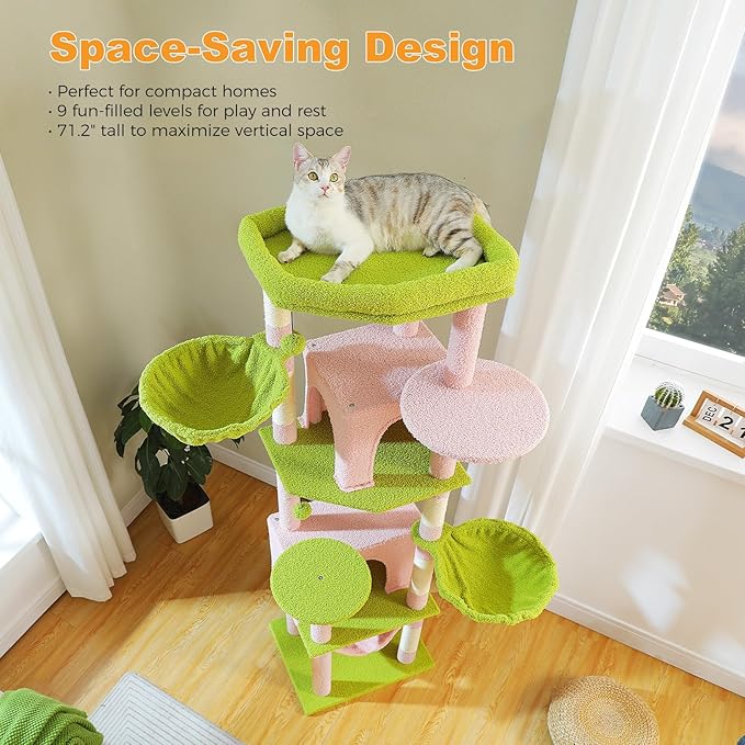 71.2" Large Cat Tree for Multi-Cat Households - Heavy-Duty 9-Level Cat Tower w/5 Sisal Scratching Posts, 2 Condos, 3 Hammocks, Extra-Large Perch & Pompoms - Space-Saving, Pink-PawvioPets