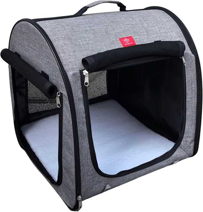 Fabric Portable Pet Kennel/Shelter, Single, Gray, 20"x20"x19.5" - Car Seat-Belt Fixture Included-PawvioPets