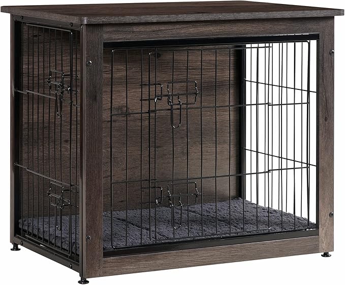 DWANTON Dog Crate Furniture with Cushion, Wooden Kennel Table with Double Doors, Indoor Dog House, Small/Medium/Large/Extra Large Size, 27.2" L, Dark Gray-PawvioPets