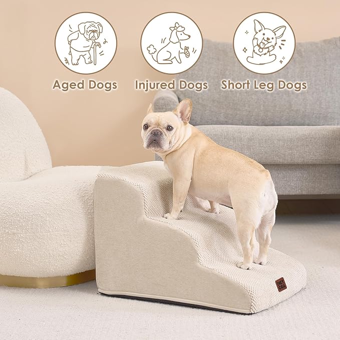 EHEYCIGA Curved Dog Stairs Ramp for Small Dogs 15.7" H, 3-Step Dog Steps for Couch Sofa and Chair, Pet Stairs for Cats, Non-Slip Balanced Pet Steps Indoor, Beige-PawvioPets