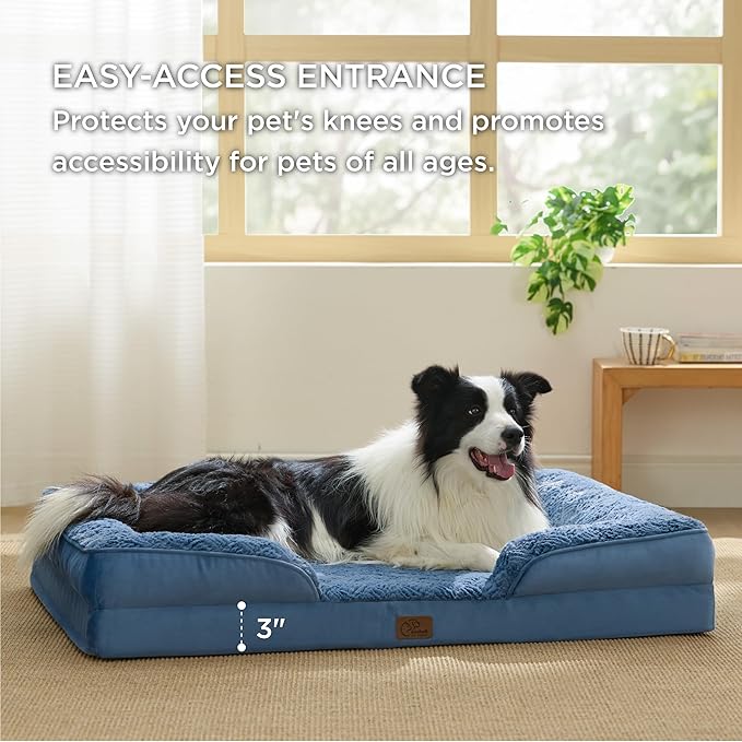 Bedsure Orthopedic Dog Beds Large Sized Dog - Washable Large Dog Cat Bed Waterproof, Comfort Dogs Couch Sofa with Washable Removable Cover, Pet Bed with Nonskid Bottom, Plush-Blue, 35"-PawvioPets