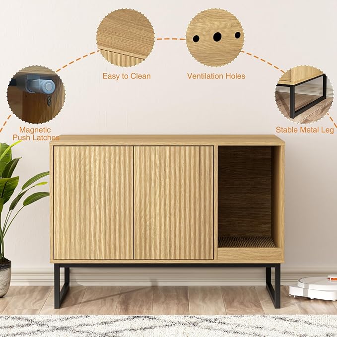 Cat Litter Box Enclosure, Fluted Hidden Litter Box Furniture with Scratch Pad and Metal Legs, Modern Enclosed Cat Cabinet, 31.5 x 17.7 x 21.7 Inches Indoor Pet House for Living Room, Washroom, Natural-PawvioPets