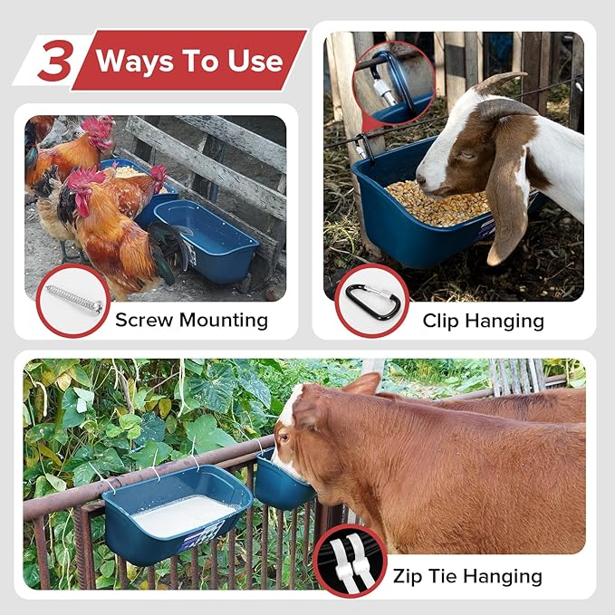 Goovilla Large Feed Trough, Hanging or Screw-in Fence Feeder with Clips, 2 Pack 9 Quart Goat Feeder Supplies, Dog Horse Hog Pig Livestock Poultry Plastic Feeder Trough Bucket for Large Animal, Blue-PawvioPets