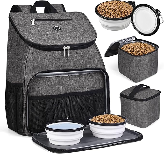 BAGLHER丨Dog Travel Bag, Airline Approved Pet Supplies Backpack, Dog Travel Backpack Accessories Set with 2 Silicone Collapsible Bowls and 2 Food Baskets, Gray-PawvioPets